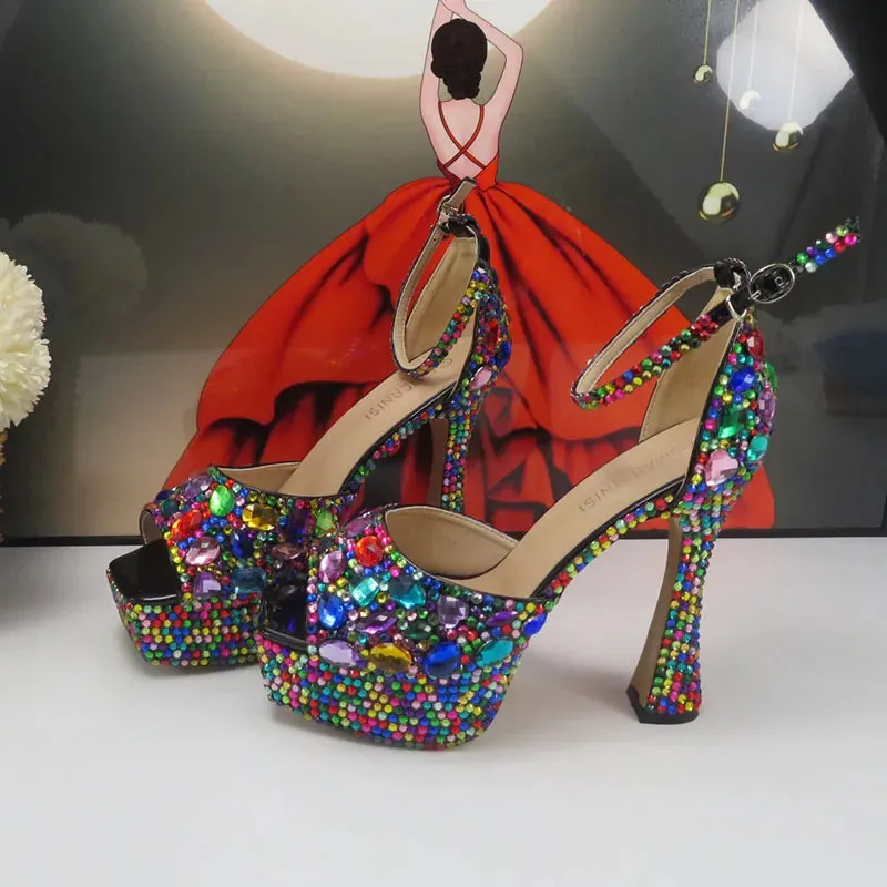 Multicolored Crystal Bridal Party Evening Open Toe Sandal Shoes