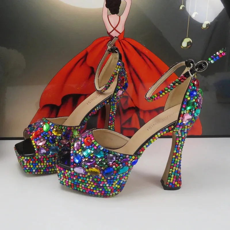 Multicolored Crystal Bridal Party Evening Open Toe Sandal Shoes