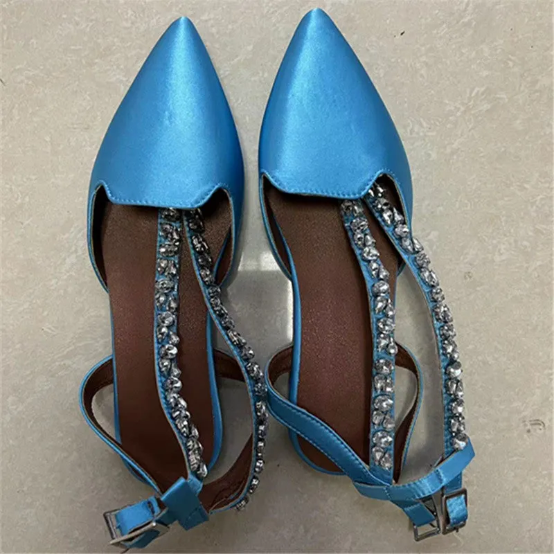 Pointed Toe Rhinestone Crystal Ankle Strap Flat Sandals