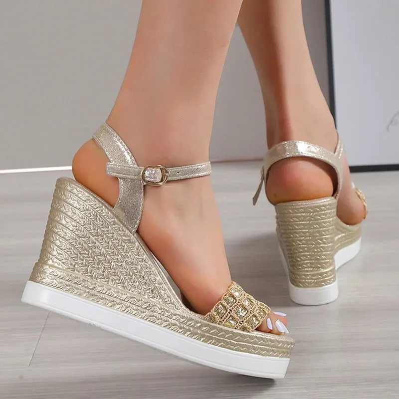 Shiny Glitter Buckle Strap Chunky Platform Wedge Sandals