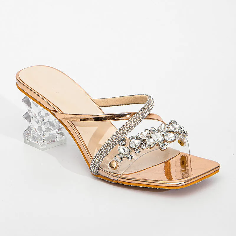 Square Head Rhinestone CRYSTAL Transparent Heel Mules