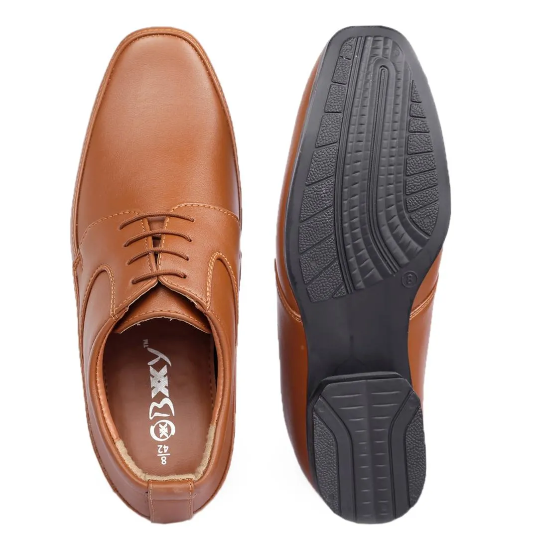 Stylish Tan 9 cm (3.5 Inch) Height Increasing Derby Lace-Up Faux Leather Formal Shoes