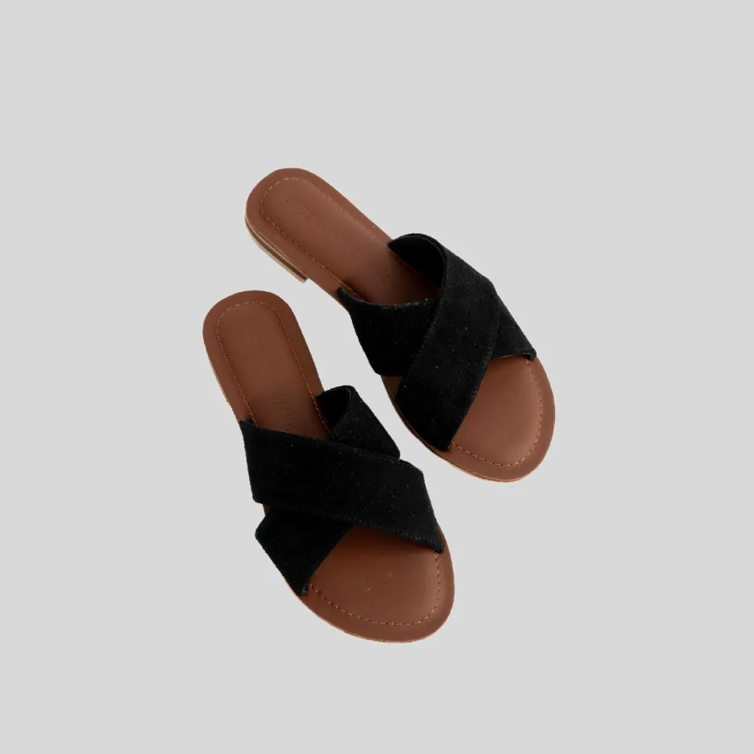 Suede Cross Strap Sandal - Black