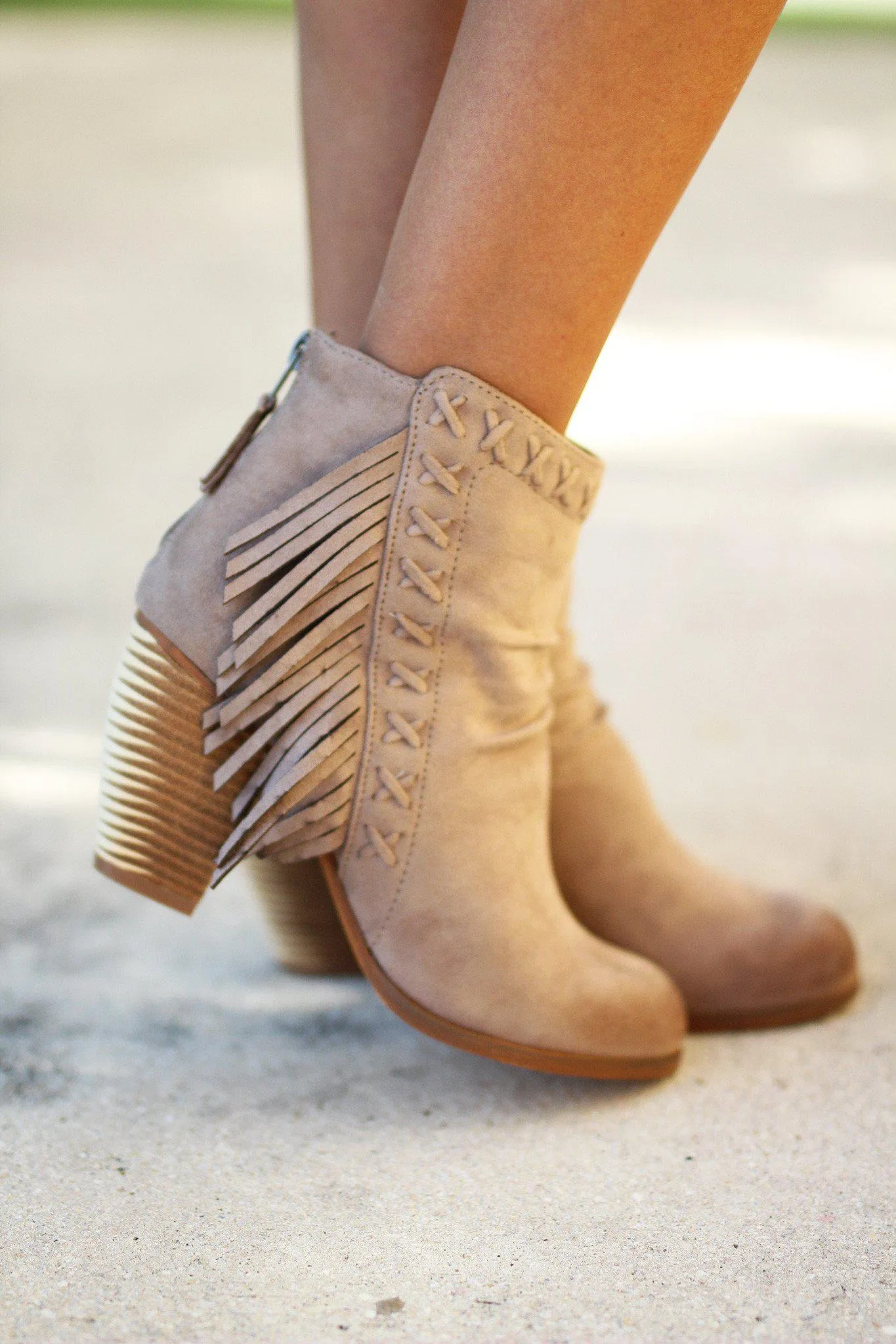 Taupe Fringe Booties