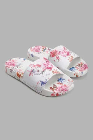 White Floral Print Slide For Women