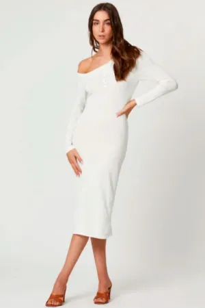 White Long Sleeve Press Button Midi Bodycon