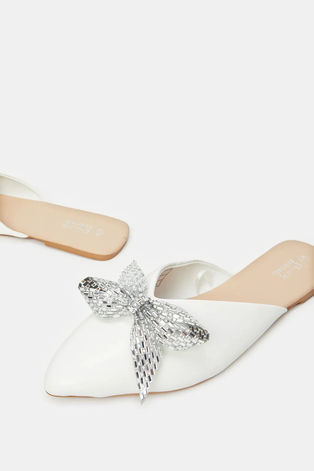 Women White Bow Trim Mule