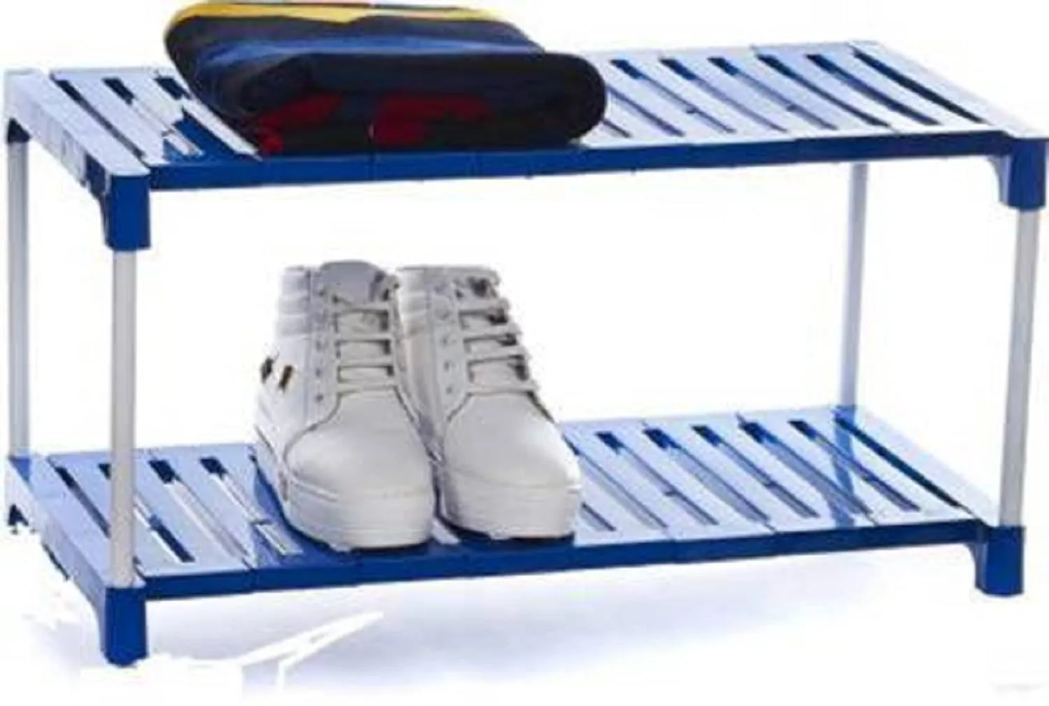 YMRR® Portable Multipurpose Shoe Rack with Strong Metal Rods & Plastic Shelves - Space-Saving Organizer for Shoes, Clothes, Books, Toys, Kitchen Utility (2 Racks, White & Blue)