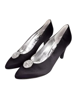 Yves Saint Laurent Vintage Black Satin Rhinestone Disc Embellished High Heel Pumps